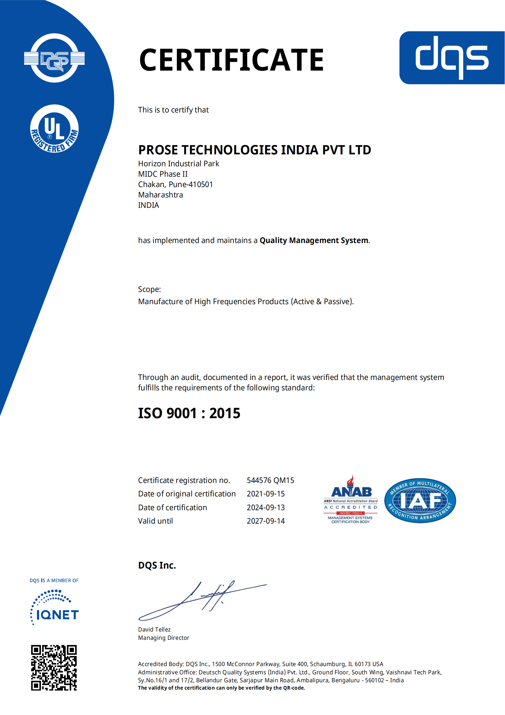 Certificate  ISO 9001 India