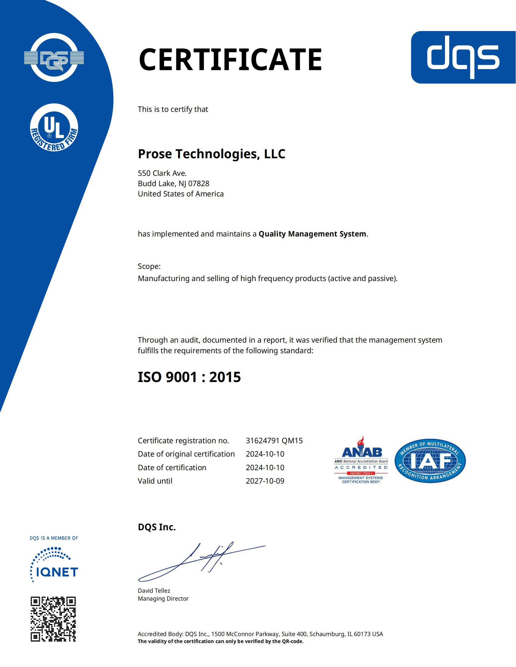 Certificate IOS 9001:2015 USA